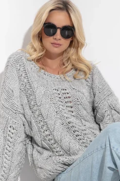 Swetry Na Jesień I Zimę | Ciepłe Swetry>Fobya Ażurowy wełniany sweter o grubym splocie Chunky Knit F1318 szary