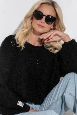 Swetry Na Jesień I Zimę | Ciepłe Swetry>Fobya Ażurowy wełniany sweter o grubym splocie Chunky Knit F1318 czarny