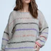 Swetry Oversize | Swetry We Wzór>Fobya DELIKATNY KOLOROWY SWETER Z WEŁNY ALPAKI F1844 beżowy
