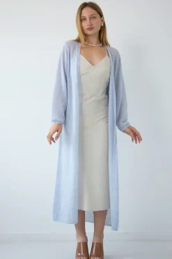 Kardigany Eleganckie | Kardigany Klasyczne>Fobya Długi kardigan mgiełka z wełny baby alpaka i wełny virgin F2042 niebieski