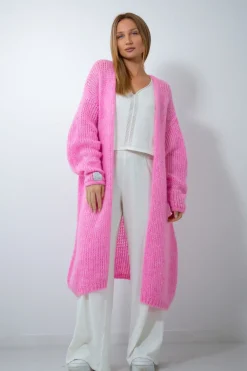 Kardigany Eleganckie | Kardigany Klasyczne>Fobya Długi wełniany kardigan F1926 różowy