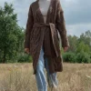 Kardigany Na Jesień I Zimę | Kardigany Z Paskiem>Fobya Długi wełniany Kardigan z ozdobnym grubym splotem Chunky Knit F1261 espresso