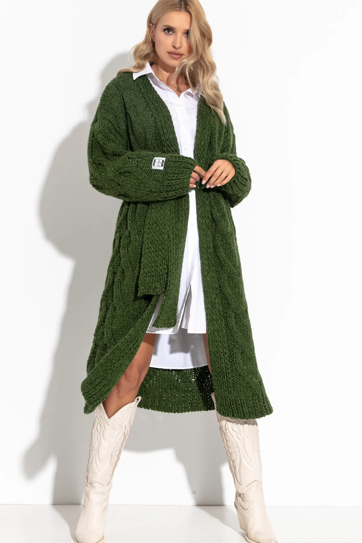 Kardigany Na Jesień I Zimę | Kardigany Z Paskiem>Fobya Długi wełniany Kardigan z ozdobnym grubym splotem Chunky Knit F1261 oliwka