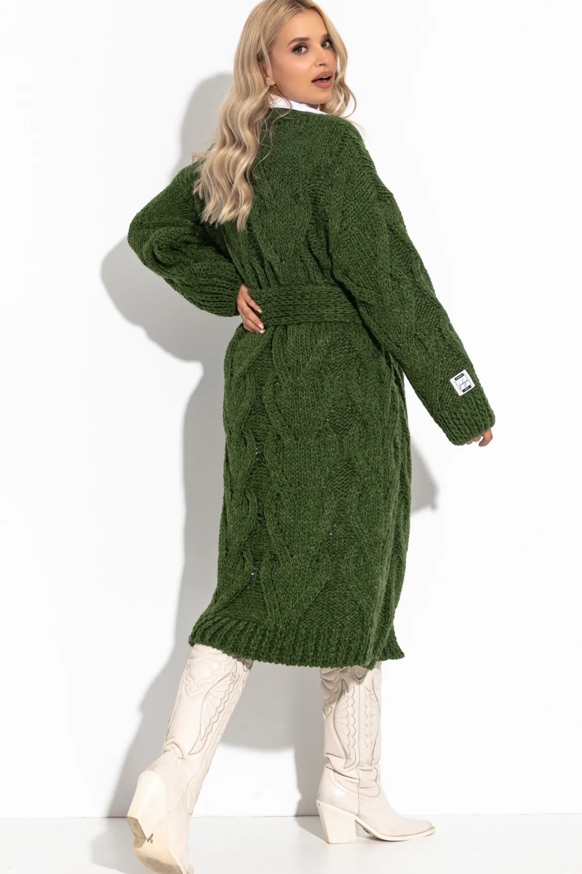 Kardigany Na Jesień I Zimę | Kardigany Z Paskiem>Fobya Długi wełniany Kardigan z ozdobnym grubym splotem Chunky Knit F1261 oliwka