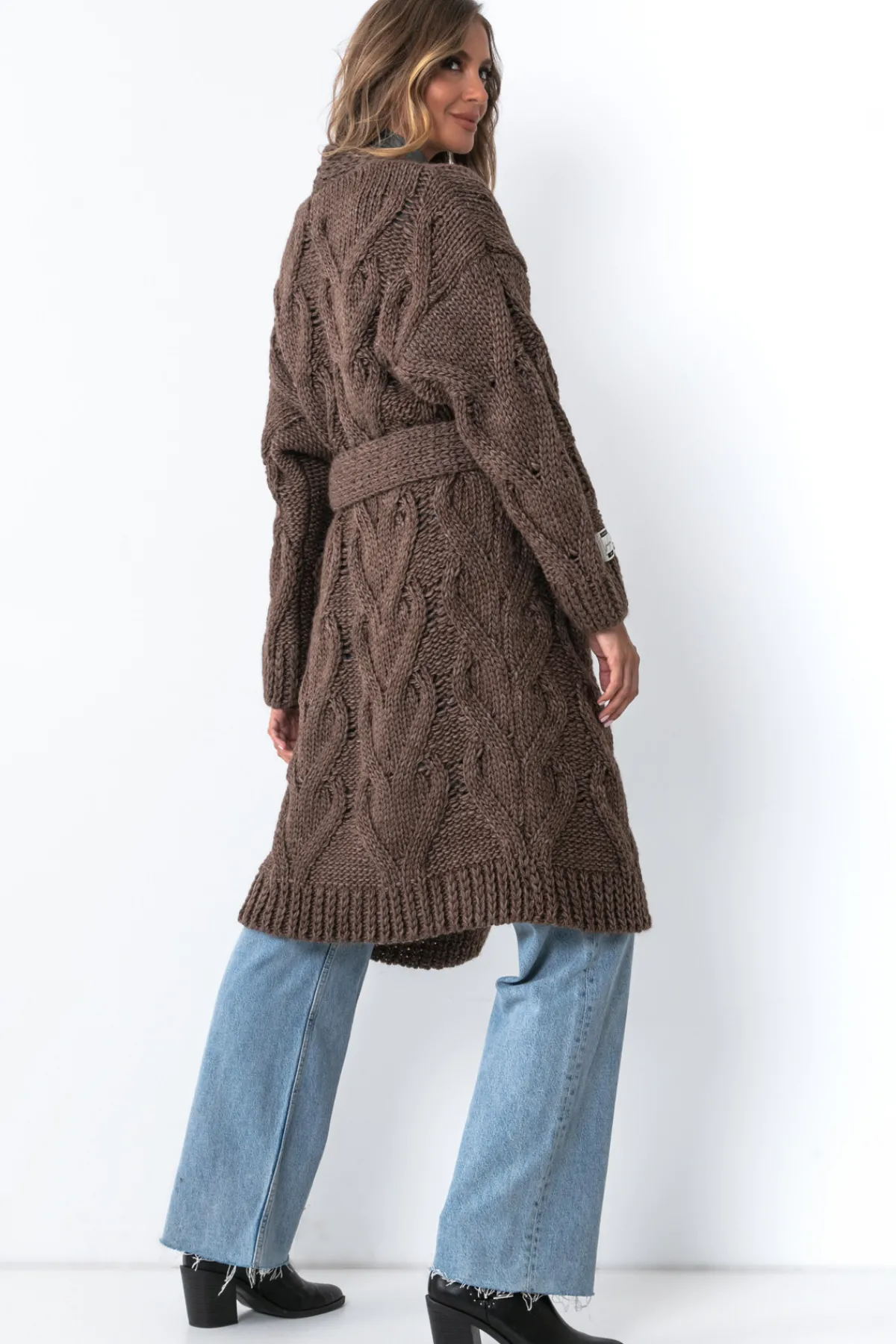 Kardigany Na Jesień I Zimę | Kardigany Z Paskiem>Fobya Długi wełniany Kardigan z ozdobnym grubym splotem Chunky Knit F1261 espresso