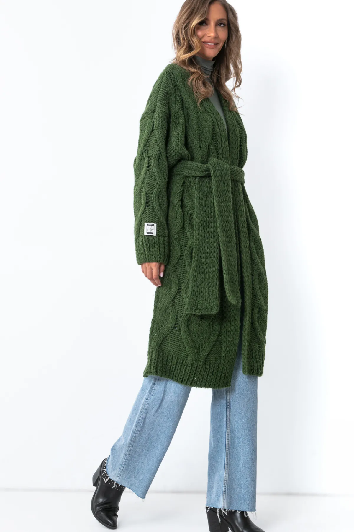 Kardigany Na Jesień I Zimę | Kardigany Z Paskiem>Fobya Długi wełniany Kardigan z ozdobnym grubym splotem Chunky Knit F1261 oliwka