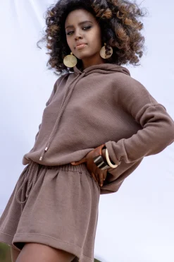 Bluzy | Bluzy>Fobya Dzianinowa letnia Bluza z kapturem F1250 choco