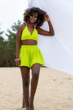 Topy>Fobya Dzianinowy wiązany Top plażowy F1247 limonkowy