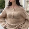 Swetry Oversize | Swetry Eleganckie>Fobya Elegancki Zapinany Sweter z wełny alpaki F1393 beżowy