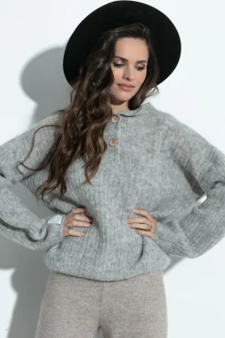 Swetry Oversize | Swetry Eleganckie>Fobya Elegancki Zapinany Sweter z wełny alpaki F1393 szary