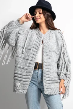 Kardigany Na Jesień I Zimę>Fobya Kardigan Chunky Knit z frędzlami F1089 szary