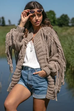 Kardigany Na Jesień I Zimę>Fobya Kardigan Chunky Knit z frędzlami F1089 mocca