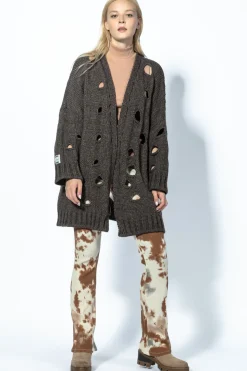 Kardigany Na Jesień I Zimę | Kardigany Eleganckie>Fobya Kardigan chunky knit z pęknięciami F1738 espresso