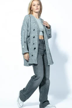 Kardigany Na Jesień I Zimę | Kardigany Eleganckie>Fobya Kardigan chunky knit z pęknięciami F1738 szary