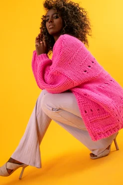 Kardigany Eleganckie | Kardigany Klasyczne>Fobya Kardigan oversize z ażurowym wzorem F779 sweetpink