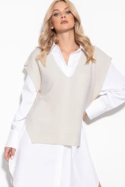 Kamizelki Swetrowe | Swetry Eleganckie>Fobya Kaszmirowa elegancka kamizelka damska F1122 ecru