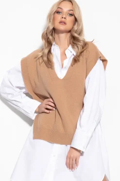Kamizelki Swetrowe | Swetry Eleganckie>Fobya Kaszmirowa elegancka kamizelka damska F1122 carmel
