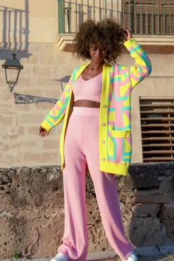 Kardigany Z Kieszeniami | Kardigany Zapinane>Fobya Kolorowy bawełniany kardigan z kieszeniami F1465 żółty