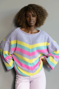 Swetry Oversize | Swetry We Wzór>Fobya Kolorowy moherowy sweter w paski F1970 fioletowy