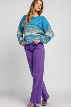 Swetry Oversize | Swetry Eleganckie>Fobya Luźny kolorowy sweter F1820 niebieski