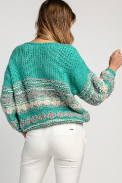 Swetry Oversize | Swetry Eleganckie>Fobya Luźny kolorowy sweter F1820 zielony