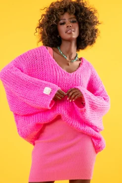 Ciepłe Swetry | Swetry Oversize>Fobya Luźny Sweter z dekoltem F1256 sweetpink