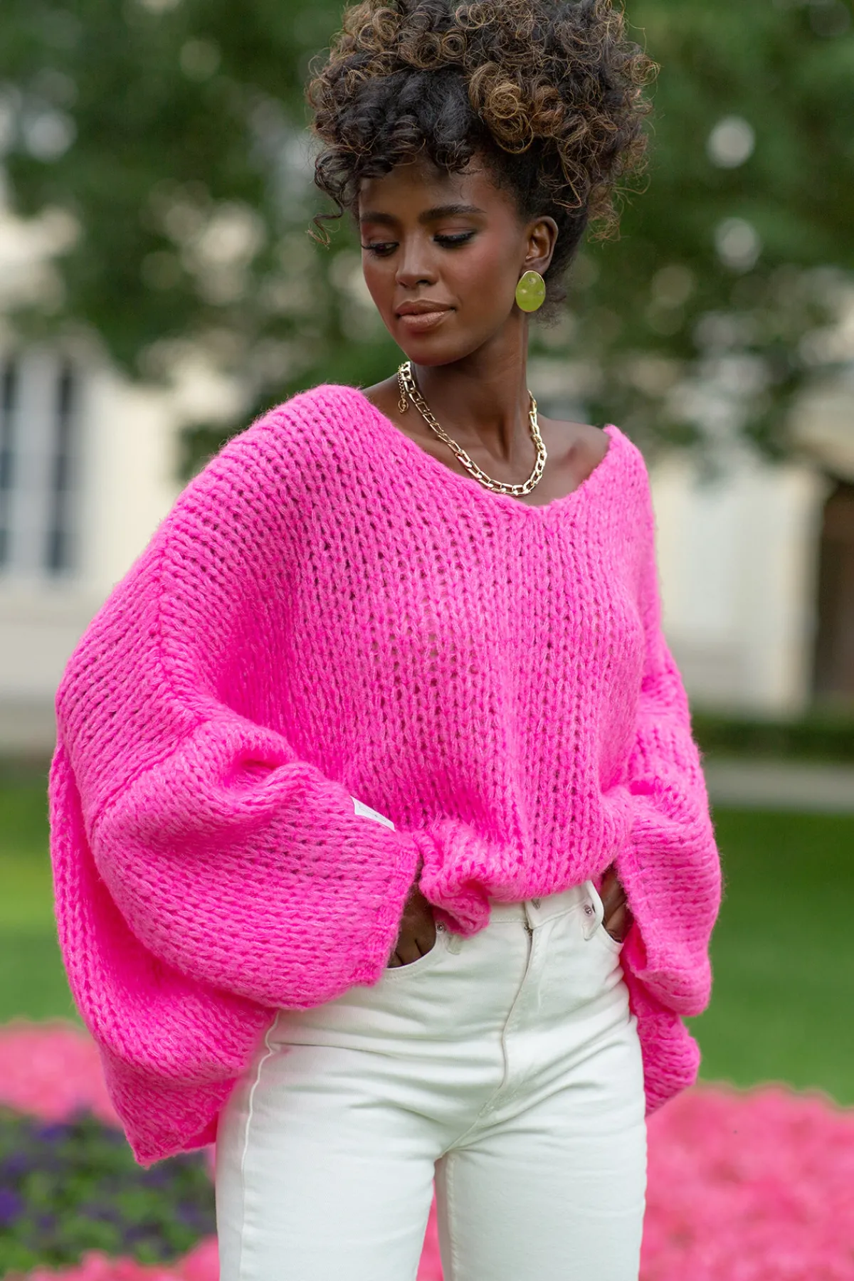 Ciepłe Swetry | Swetry Oversize>Fobya Luźny Sweter z dekoltem F1256 sweetpink