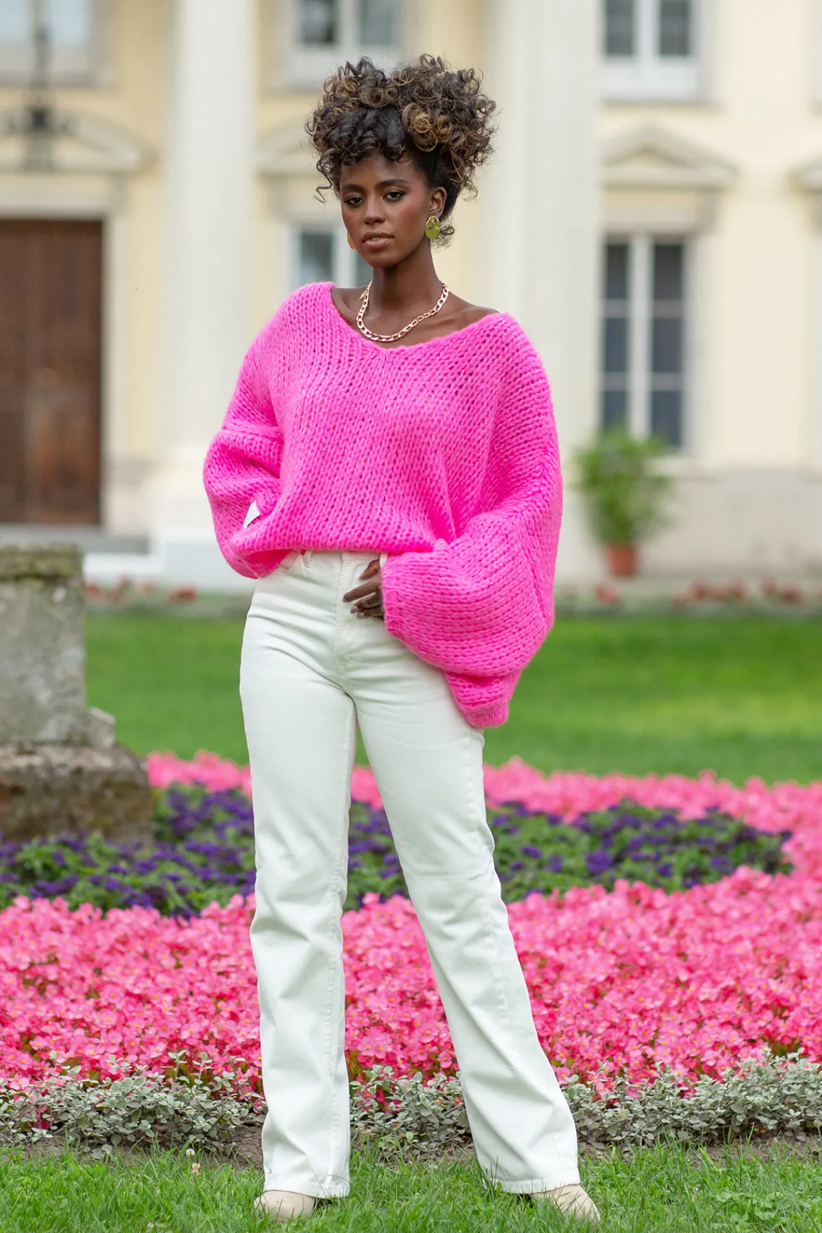 Ciepłe Swetry | Swetry Oversize>Fobya Luźny Sweter z dekoltem F1256 sweetpink