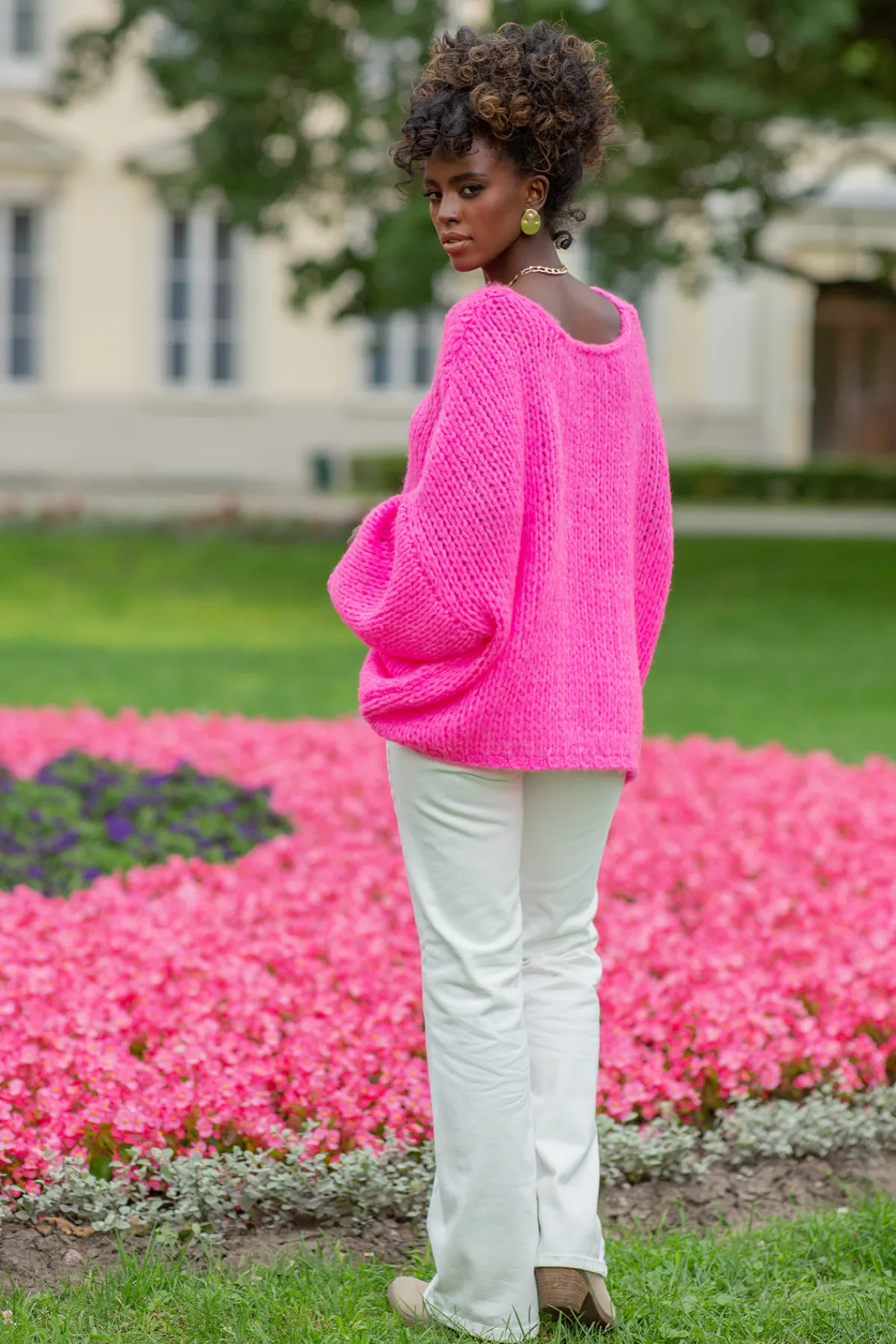 Ciepłe Swetry | Swetry Oversize>Fobya Luźny Sweter z dekoltem F1256 sweetpink