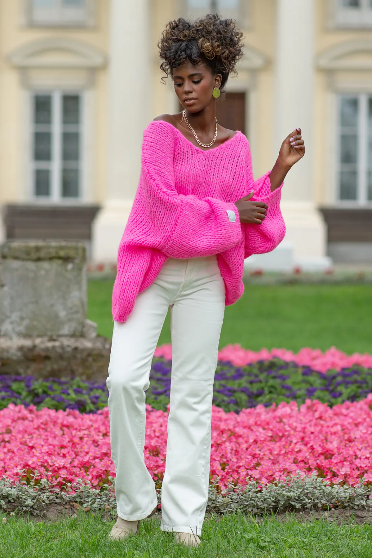 Ciepłe Swetry | Swetry Oversize>Fobya Luźny Sweter z dekoltem F1256 sweetpink