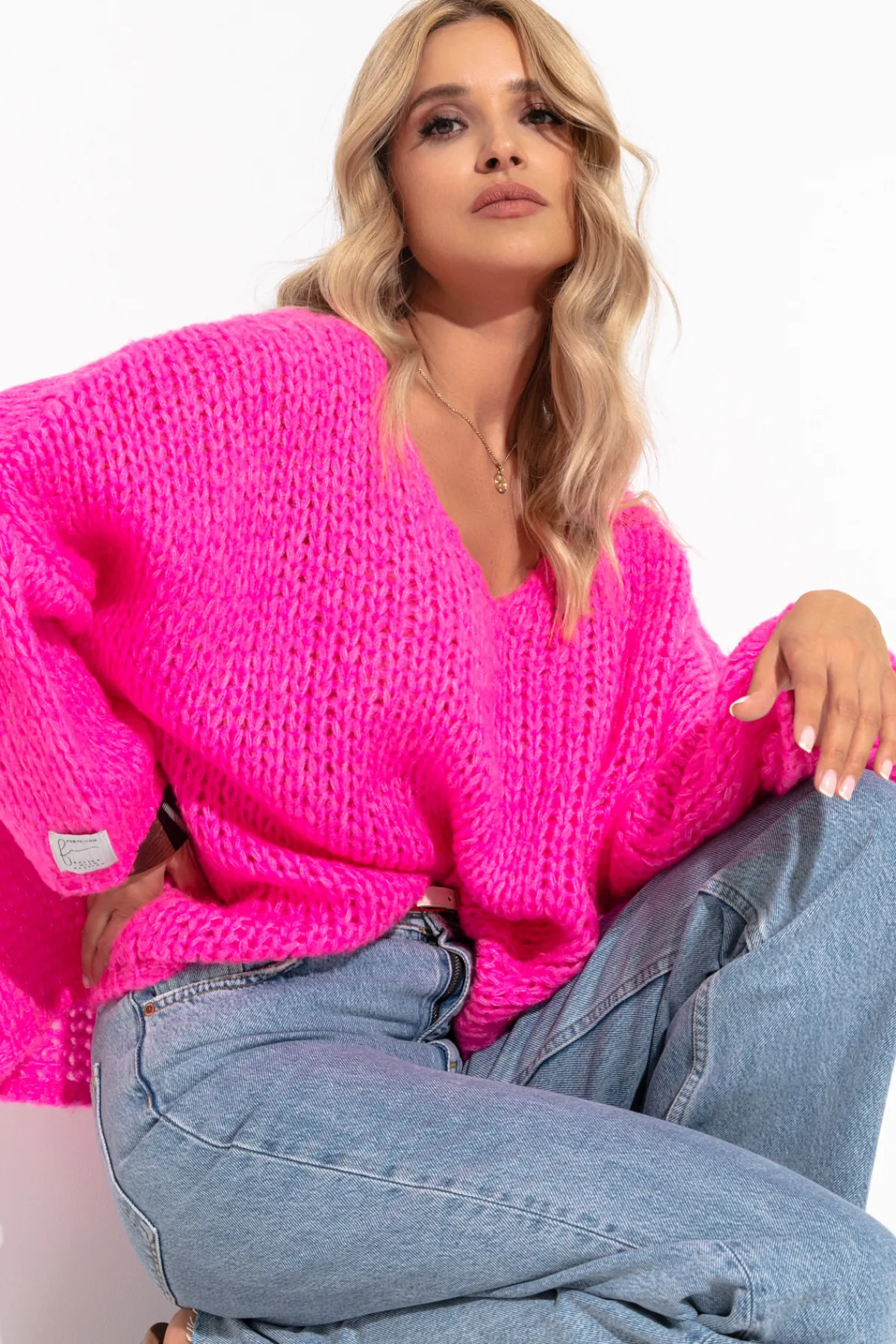 Ciepłe Swetry | Swetry Oversize>Fobya Luźny Sweter z dekoltem F1256 sweetpink
