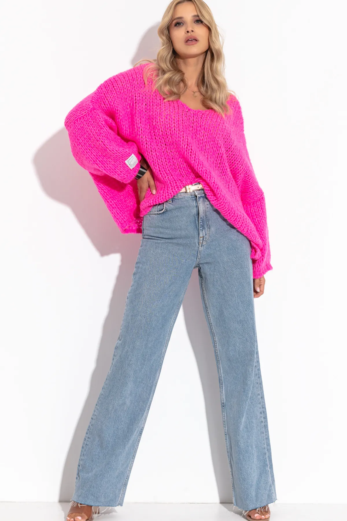 Ciepłe Swetry | Swetry Oversize>Fobya Luźny Sweter z dekoltem F1256 sweetpink