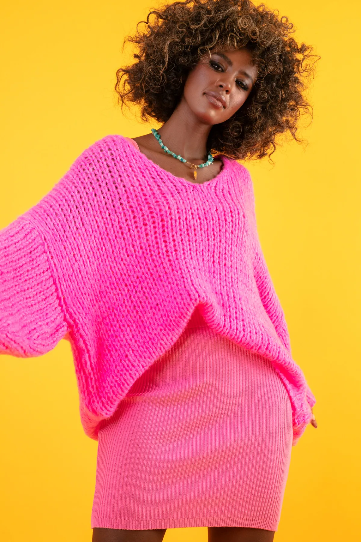 Ciepłe Swetry | Swetry Oversize>Fobya Luźny Sweter z dekoltem F1256 sweetpink