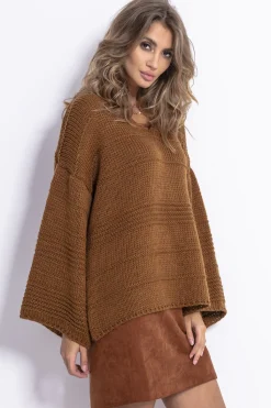 Ciepłe Swetry | Swetry Oversize>Fobya Luźny sweter z szerokim rękawem F815 carmel
