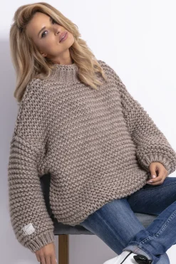 Swetry Na Jesień I Zimę | Ciepłe Swetry>Fobya Sweter CHUNKY KNIT luźny w prążek F790 mocca