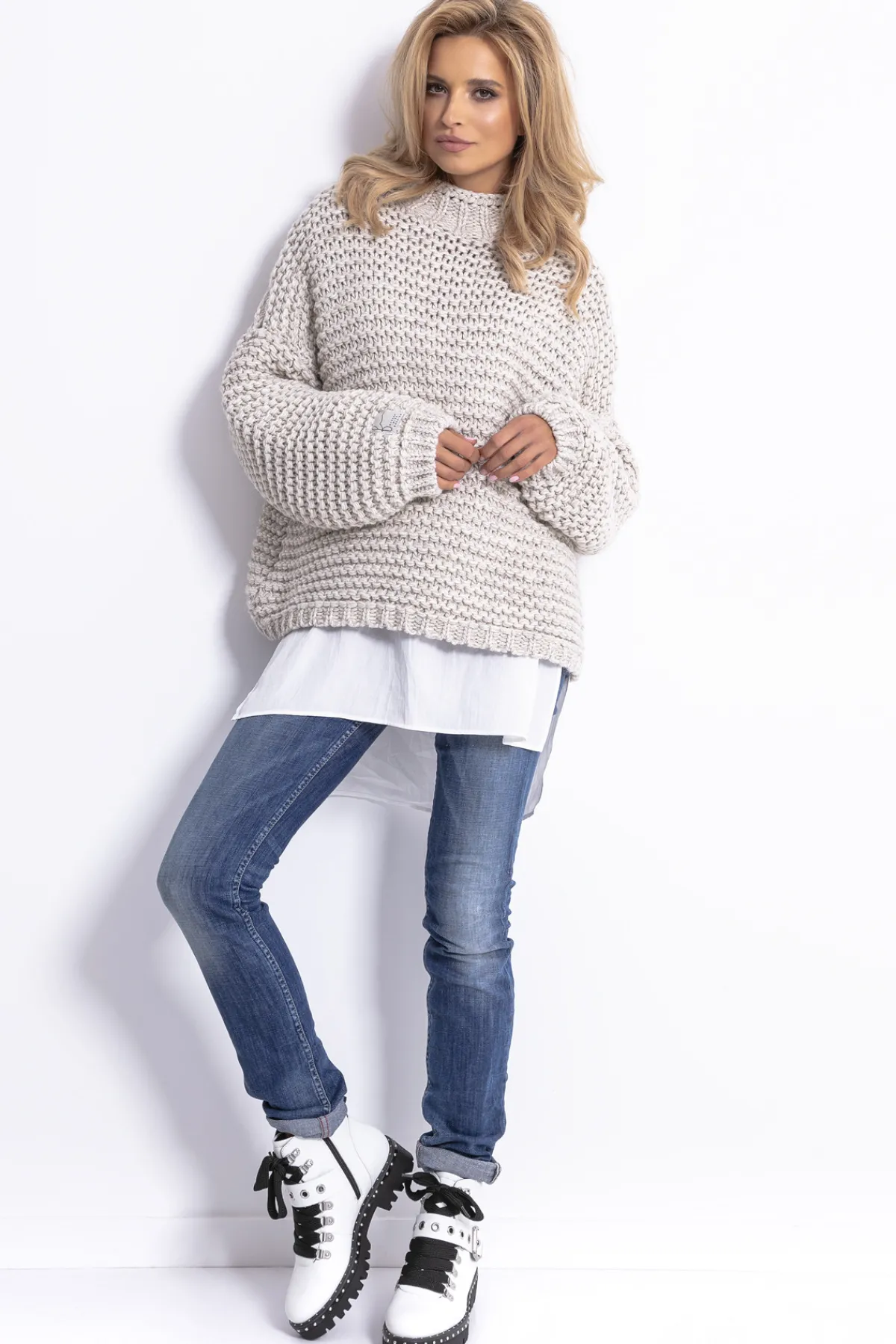 Swetry Na Jesień I Zimę | Ciepłe Swetry>Fobya Sweter CHUNKY KNIT luźny w prążek F790 beż melanż