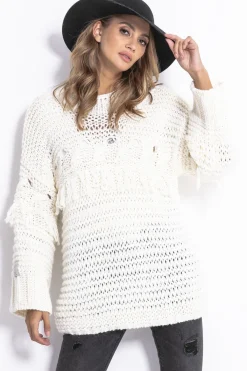 Swetry Na Jesień I Zimę | Ciepłe Swetry>Fobya Sweter CHUNKY KNIT z frędzlami F820 ecru