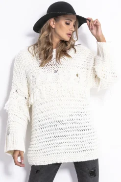 Swetry Na Jesień I Zimę | Ciepłe Swetry>Fobya Sweter CHUNKY KNIT z frędzlami F820 ecru