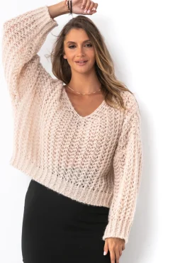 Swetry Oversize | Swetry Eleganckie>Fobya Sweter ovesize z dekoltem w serek F1492 nude