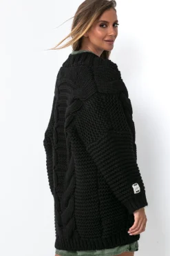 Kardigany Na Jesień I Zimę | Kardigany Klasyczne>Fobya Wełniany kardigan Chunky Knit o grubym splocie F1500 czarny