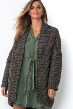 Kardigany Na Jesień I Zimę | Kardigany Klasyczne>Fobya Wełniany kardigan Chunky Knit o grubym splocie F1500 espresso